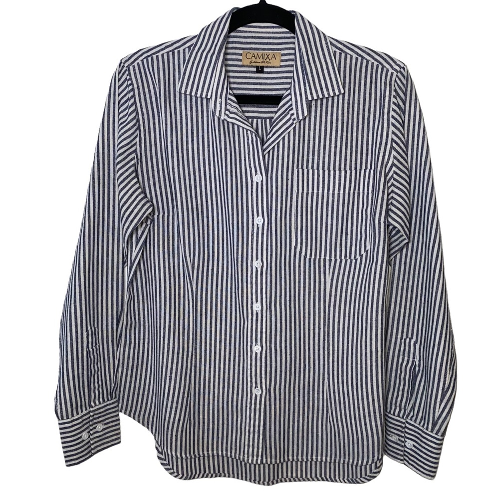 Camixa grayish-black and white striped linen blend button-front top SIZE: large